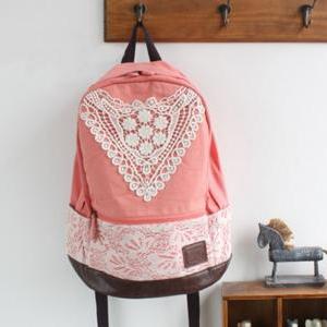 Pink Girls Canvas School Crochet Lace Backpack