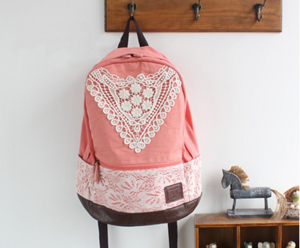 Pink Girls Canvas School Crochet Lace Backpack on Luulla